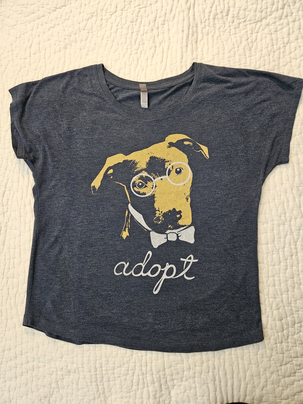 Next Level Apparel Navy Blue 'Adopt' Graphic Tee with Yellow Dog Print